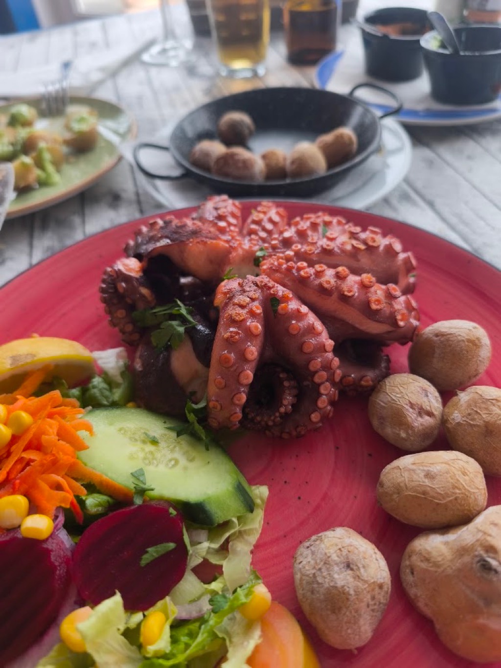 Pulpo a la parrilla con papas arrugadas y ensalada en El Charcón, Arrieta